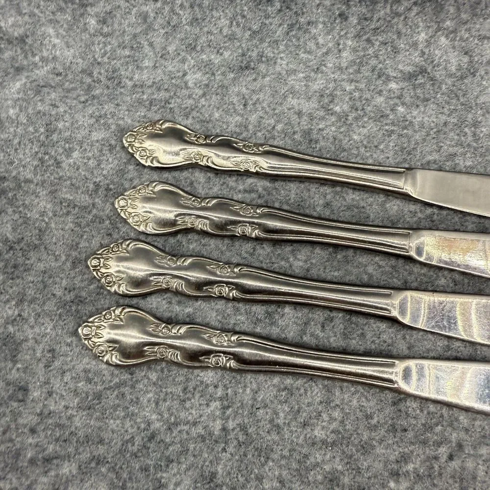 Stainless Korea Dinner‎ Knives Rose Pattern Set of 4 Flatware Replacements